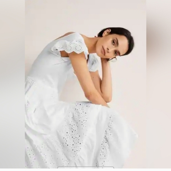 BODEN Broderie Mix Jersey Maxi Dress US 14 White Tiered Frill Sleeve V-Neck - Picture 7 of 14
